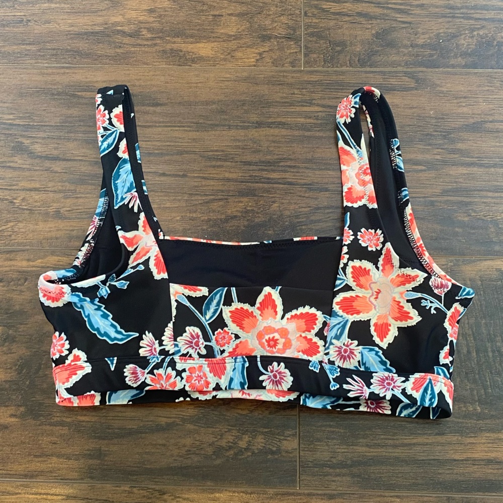 Like-New Old Navy Swim Bikini Top Black Neon Pink Floral Square Neck Size Medium - Picture 2 of 5